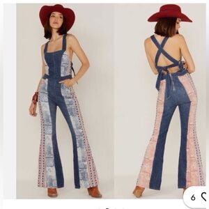 NWT Free people Dallas denim flare hem jumpsuit size 0